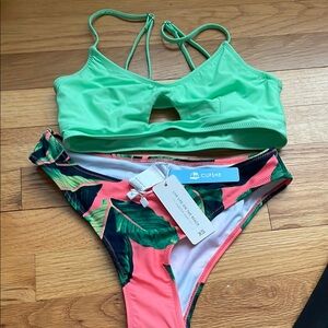 Cupshe Green and Pink Leaf Print Bikini Set XS